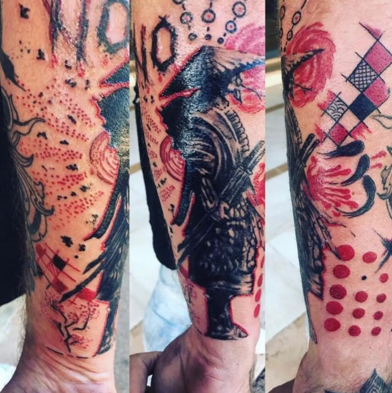 Tatouage guerrier samouraï japonais en couleur rouge noir sur avant-bras par Fred Tattoo Encre Et Mer Port-Fréjus